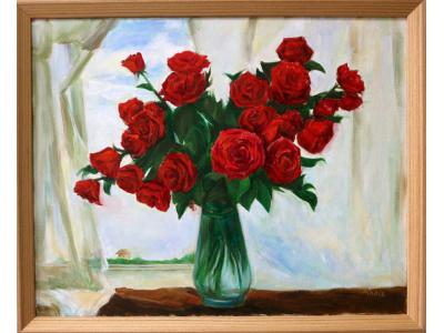 《窗前玫瑰》油画（共享租赁一个月单价...
